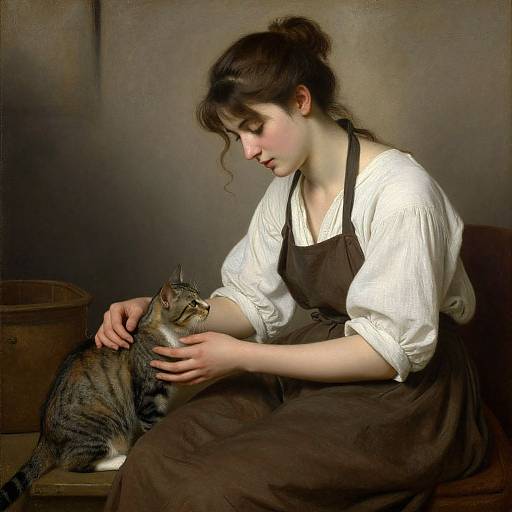 Photograph-style painting of a young woman with fair skin and dark hair, wearing a white blouse and brown apron, gently petting a tabby