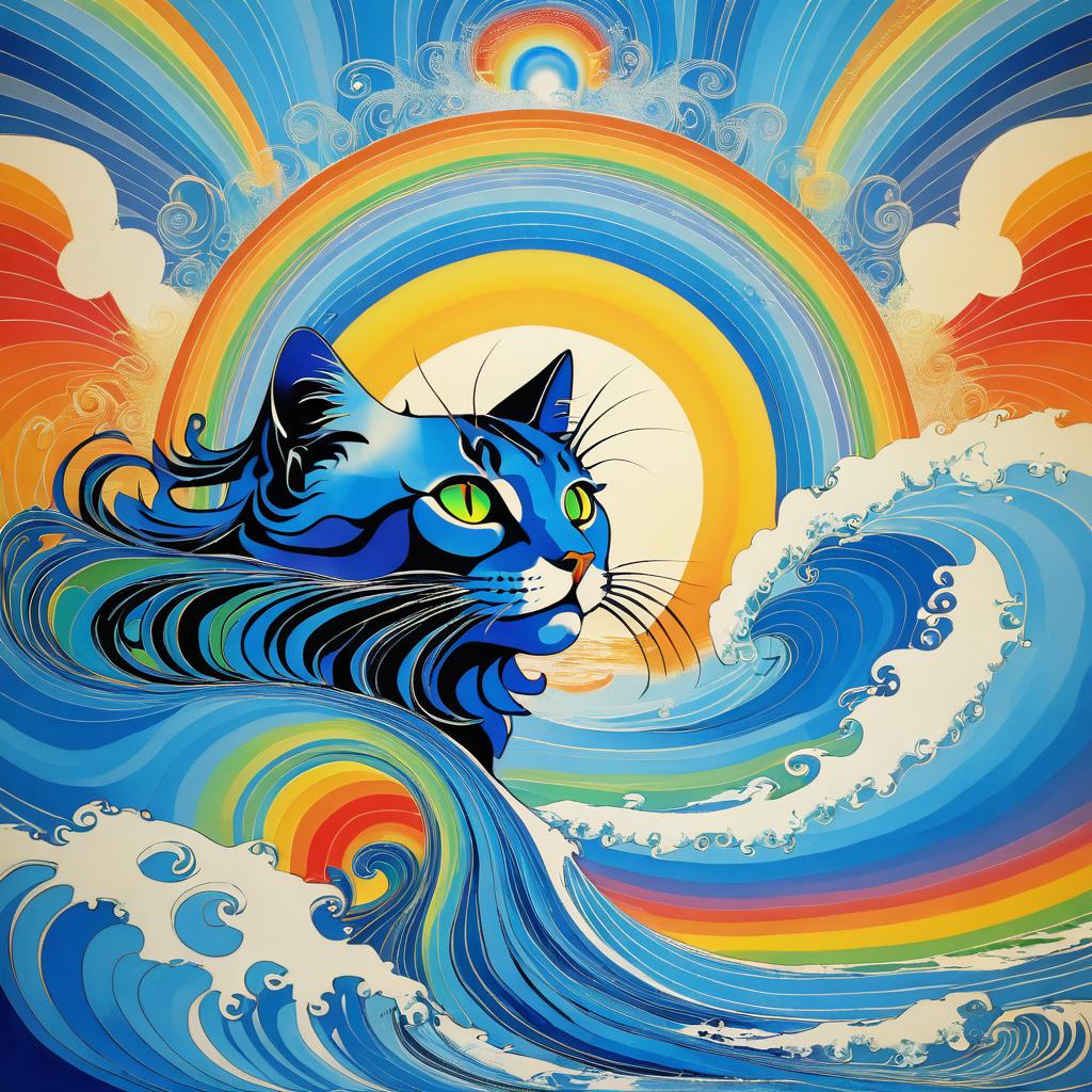 Psychedelic Cat with Blue Hair and Waves