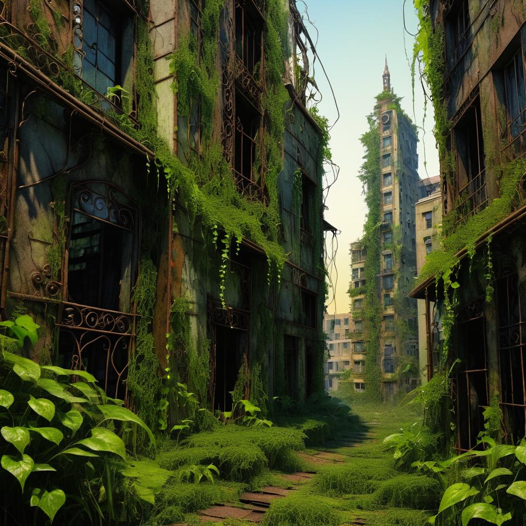 Faceless Creature in Overgrown Cityscape