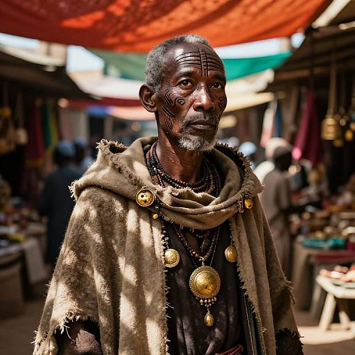 Photograph of an elderly African man with dark skin, gray hair, and beard, wearing a fur cloak adorned with gold coins, standing in a vibrant