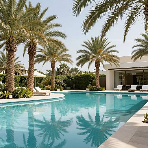 Photograph of a luxurious poolside with crystal-clear blue water, surrounded by tall palm trees, white lounge chairs, and a modern white house with large