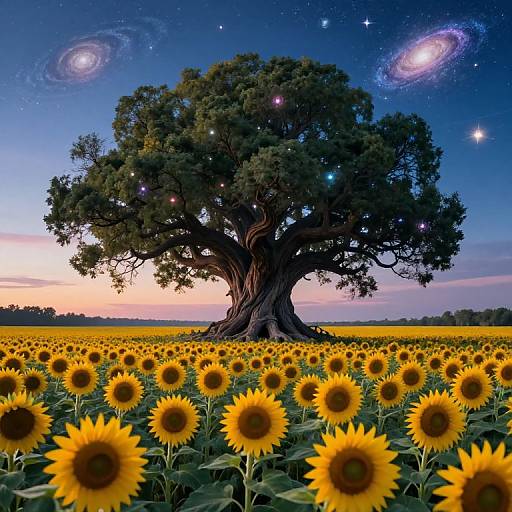 Photograph of a majestic tree with glowing stars in the sky, standing in a vibrant sunflower field at twilight.