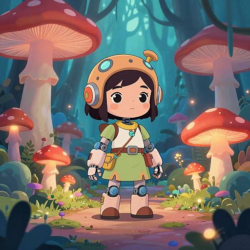 Digital illustration of a cute, anime-style girl in a green dress and orange helmet, standing in a magical forest with giant red-and-white mushrooms, glowing