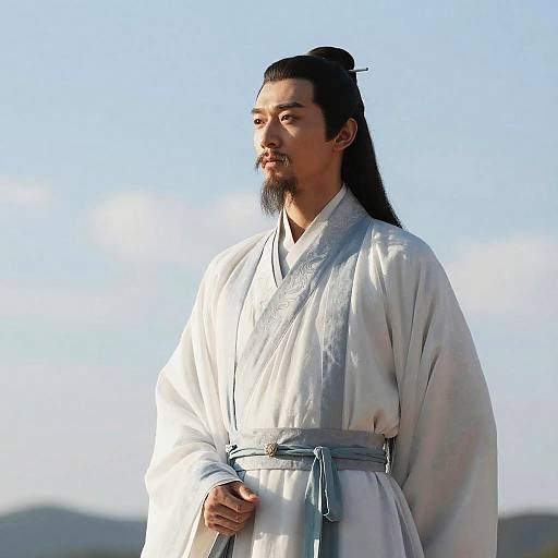 Photograph of a serious East Asian man with long black hair in a ponytail, wearing a white traditional Korean hanbok, standing outdoors against a