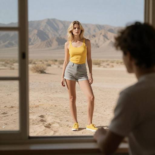Blonde Woman in Yellow Top Standing in Desert