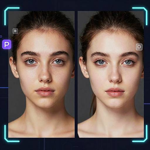 Side-by-side digital portrait of a young woman with blue eyes, fair skin, and dark brown hair, displayed in a camera interface.