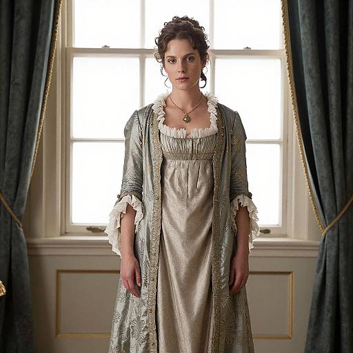 Photograph of a young woman with curly brown hair, wearing a silver satin dress with lace trim and a light blue embroidered robe, standing before a bright