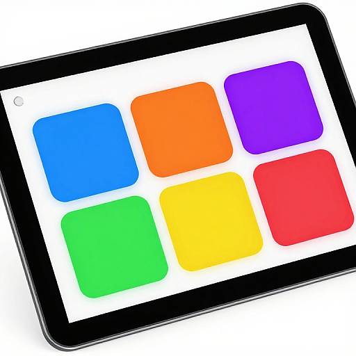 Photograph of a black tablet displaying a grid of six colorful app icons: blue, orange, purple, green, yellow, red.