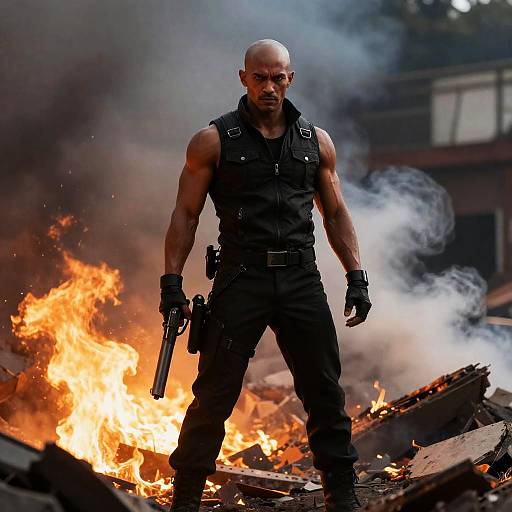 Intense Muscular Man Amidst Flames