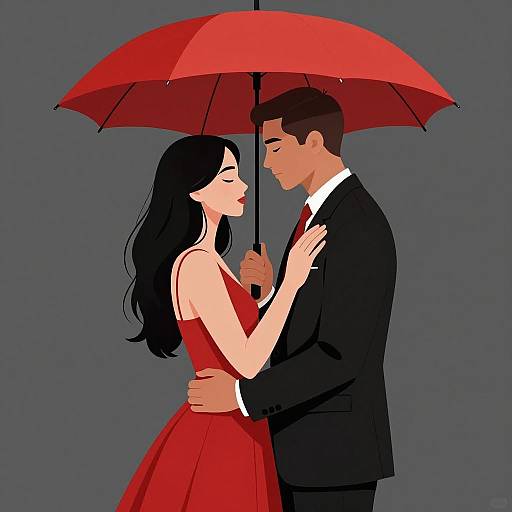 Romantic Embrace Under a Red Umbrella