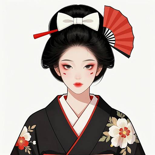 Illustration of Asian Woman in Black Floral Kimono