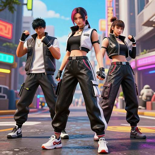 CGI image of three anime-style characters in black and white streetwear, fighting stances, standing on a neon-lit, urban street.