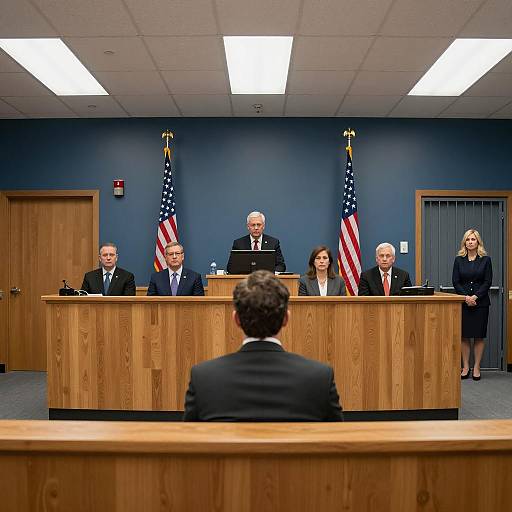 Courtroom Scene with Man Facing Judges