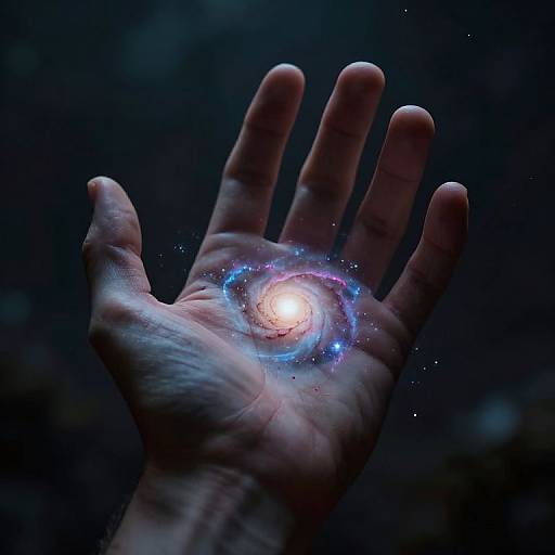 Photograph of a hand with a glowing, swirling galaxy hologram centered on the palm, set against a dark, starry background.