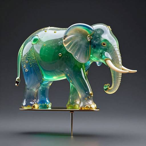 Transparent glass sculpture of an elephant with green, blue, and yellow hues; golden accents and white tusks; displayed on a black pedestal against a gradient