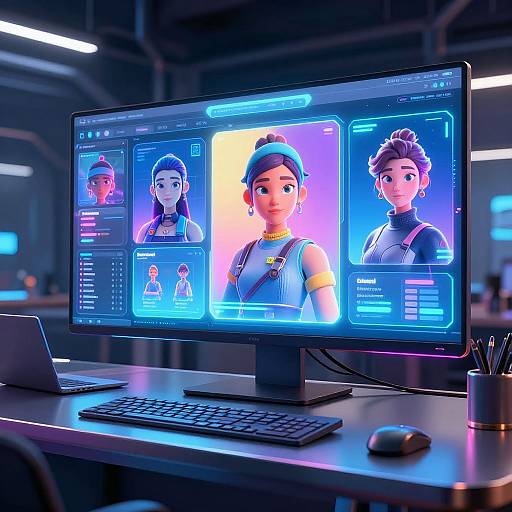 Digital artwork of a neon-lit workspace with a computer monitor displaying three animated character portraits, showcasing blue and purple hues.