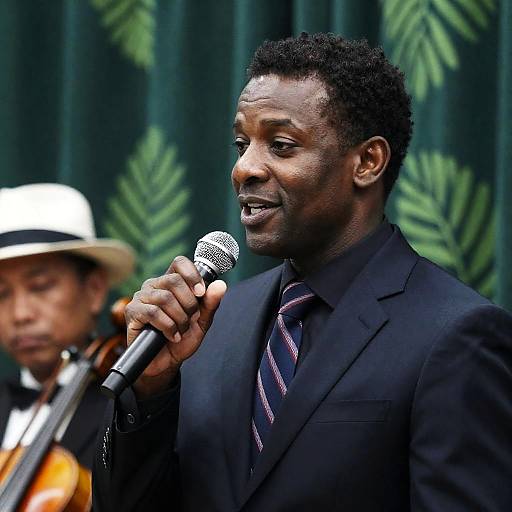 Man Speaking into Microphone at Event
