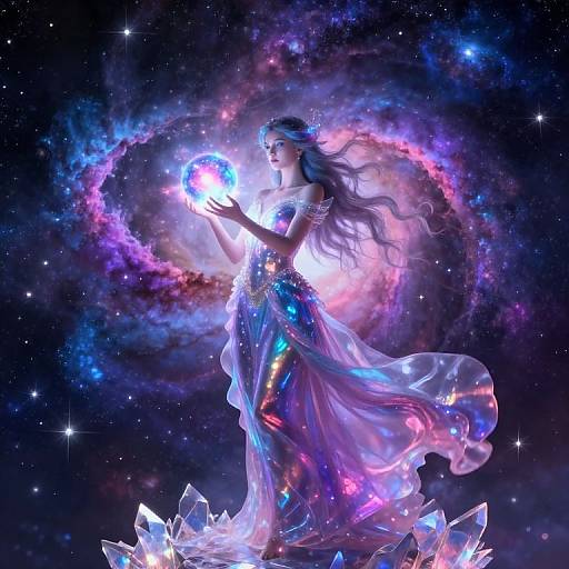 Digital art: Ethereal woman with long, flowing blue hair, wearing a glowing, iridescent dress, holding a radiant orb, surrounded by a