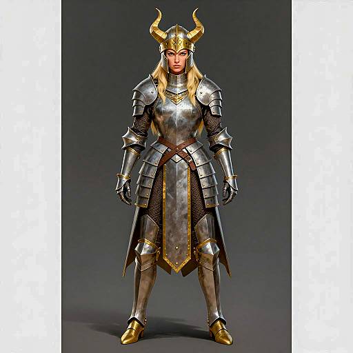 Blonde Woman in Medieval Armor with Horned Helmet