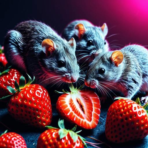 Three Mice Nibbling Ripe Strawberries
