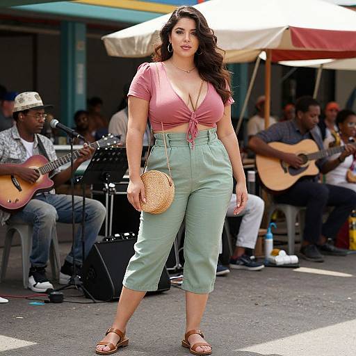 Photograph of a curvy woman with long dark hair, pink tied-top, mint green high-waisted pants, and brown sandals, holding a