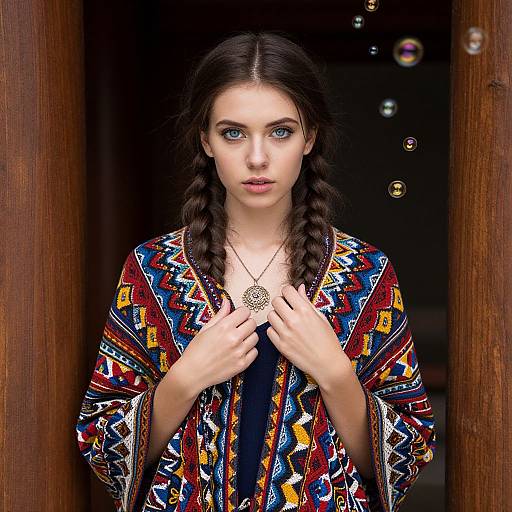 Photograph of a young woman with dark braided hair, wearing a colorful geometric-patterned robe, holding a pendant necklace, standing in a wooden doorway