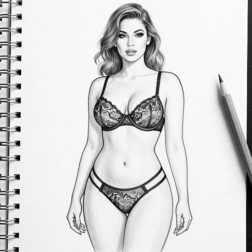 Black-and-white digital sketch of a curvy woman with wavy hair, wearing lace lingerie, standing confidently, with a spiral notebook on the left.