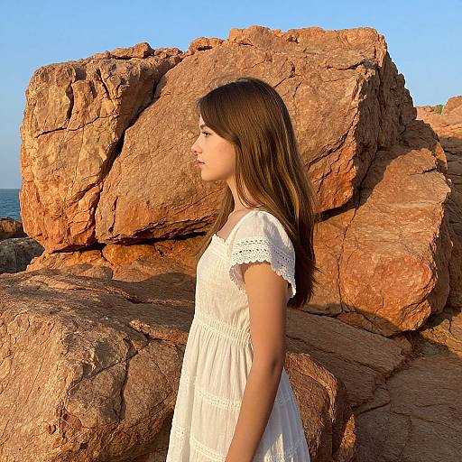 Photograph of a young woman with long brown hair in a white lace dress, standing in profile against large, sunlit red rocks by the sea.