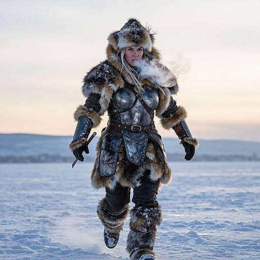 Photograph of a woman in a fur-trimmed, metal-armor Viking outfit, walking on a snowy landscape at sunset, with snow falling.