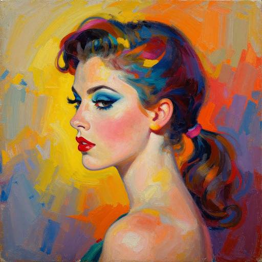 Vibrant digital painting of a fair-skinned woman with dark hair, bold blue eye shadow, red lipstick, and colorful abstract background.