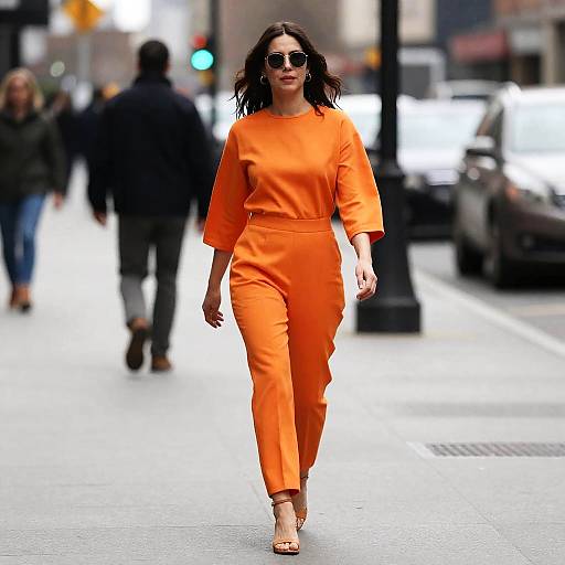 Photograph of a confident woman with dark hair, wearing an orange, long-sleeve jumpsuit and sunglasses, walking down a city street, with