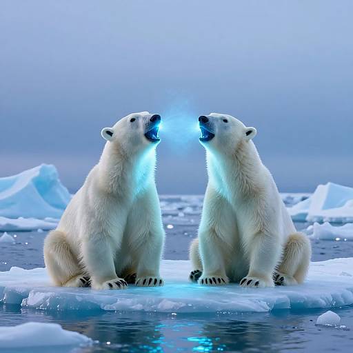 Photograph of two polar bears sitting on ice, facing each other, emitting blue bioluminescent glow, in a frozen Arctic landscape.