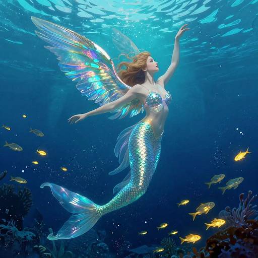 Photorealistic digital artwork of a shimmering mermaid with iridescent wings and a silver tail, floating amidst glowing yellow fish in a vibrant blue