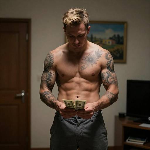 Tattooed Man with Money in Dim Room