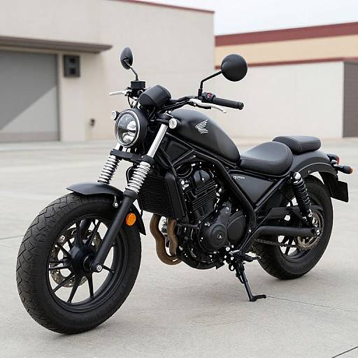 Photograph of a black, matte-finished motorcycle with black wheels, chrome springs, and round headlight, parked on a concrete lot.