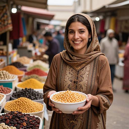 Photograph of a smiling South Asian woman in a brown embroidered dress, holding a bowl of yellow lentils at a bustling outdoor market with colorful spice stalls