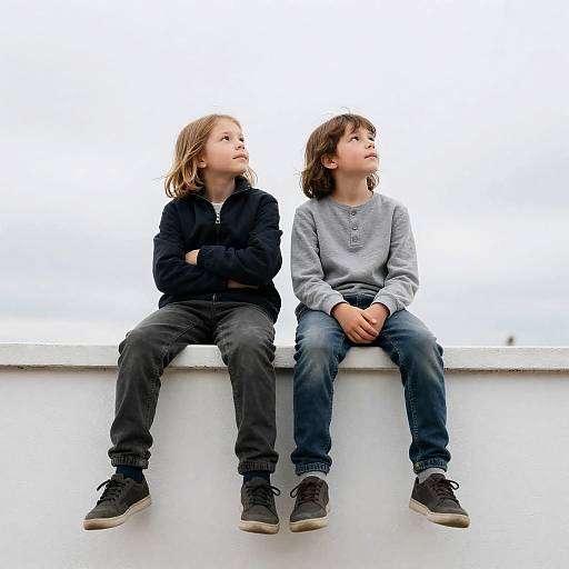Two Children Sitting on a Ledge