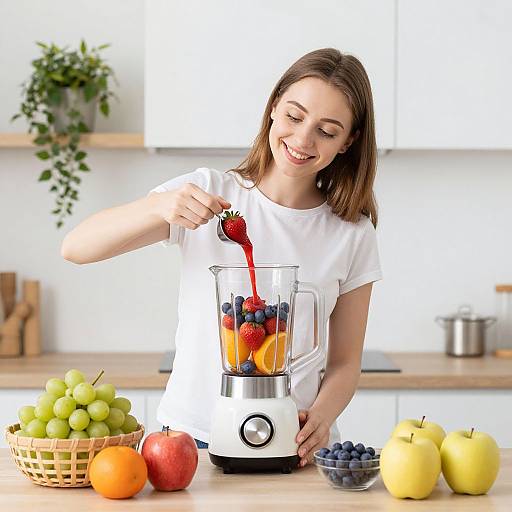 Smiling Woman Making Fruit Smoothie