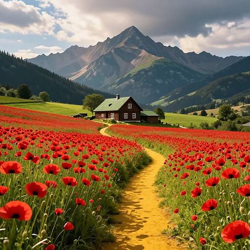 Photograph of a quaint green-roofed house in a vibrant red poppy field, leading to a mountainous backdrop under a partly cloudy sky.