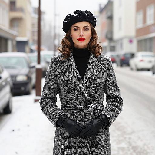 Stylish Woman in Winter Fashion on Snowy Street