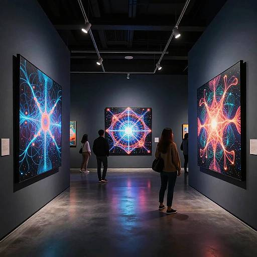 Photograph of an art gallery with dark walls, showcasing vibrant, abstract digital artworks in blue, red, and white hues, viewed by two people standing