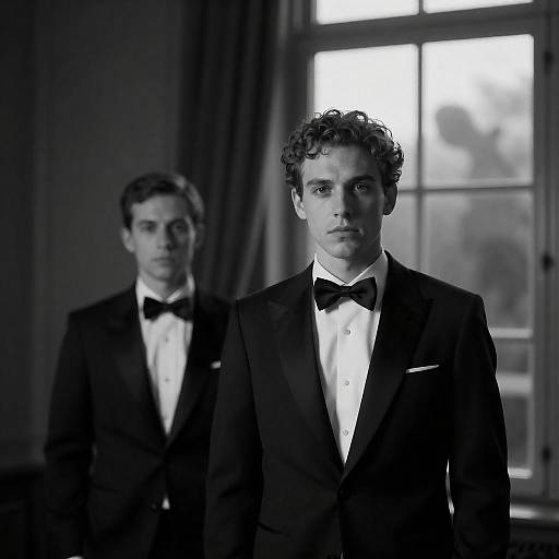 Elegant Tuxedos Against Shadowy Backdrop