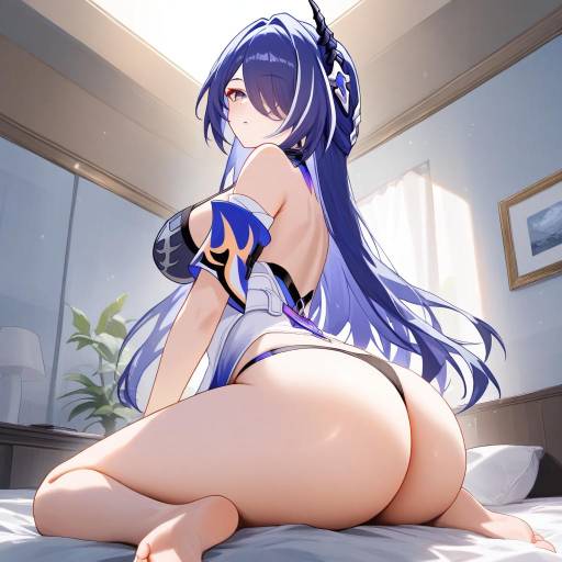 Anime Girl with Green Hair Sitting on Bed