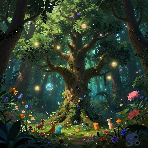 Whimsical forest scene: enchanted tree with glowing orbs, colorful flowers, deer, and vibrant fireflies under moonlight, digital fantasy art.