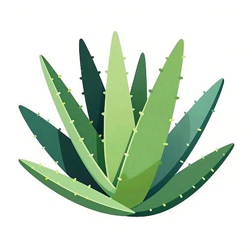Digital illustration of a green aloe vera plant with dark green and light green leaves, showcasing sharp edges and yellow spines against a plain white background.