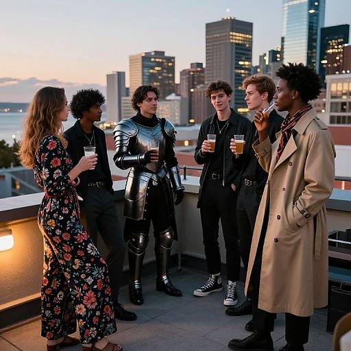 Photograph of six diverse friends on a rooftop at sunset, wearing eclectic clothing—armor, floral dress, trench coat—drinking beers, cityscape