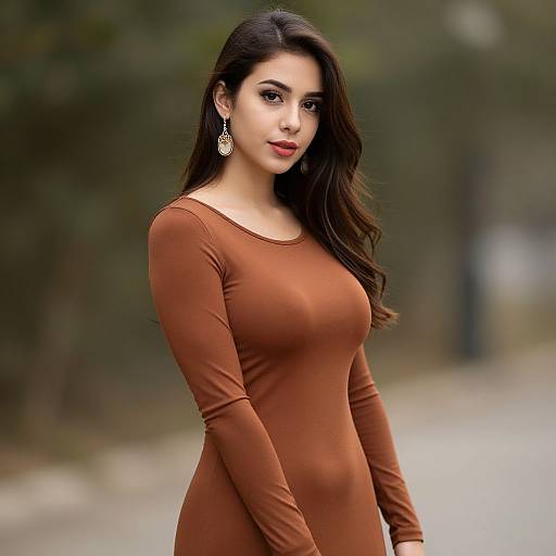 Photograph of a young woman with long dark hair, wearing a tight, long-sleeve, brown dress, and gold earrings, standing outdoors against