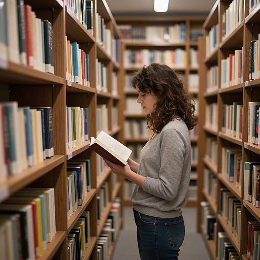 Photograph of a curly-haired woman in a gray sweater and blue jeans, standing in a library aisle, reading a book.