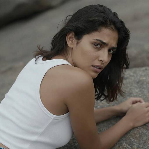 Woman Looking Back on Rocky Ground