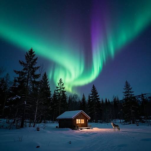 Photograph of a snowy cabin at night, illuminated by vibrant green and purple Northern Lights, with a deer standing nearby.